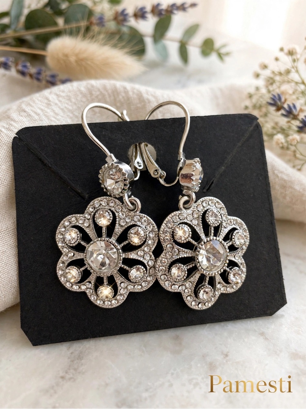 Silver Crystal Flower Drop Earrings